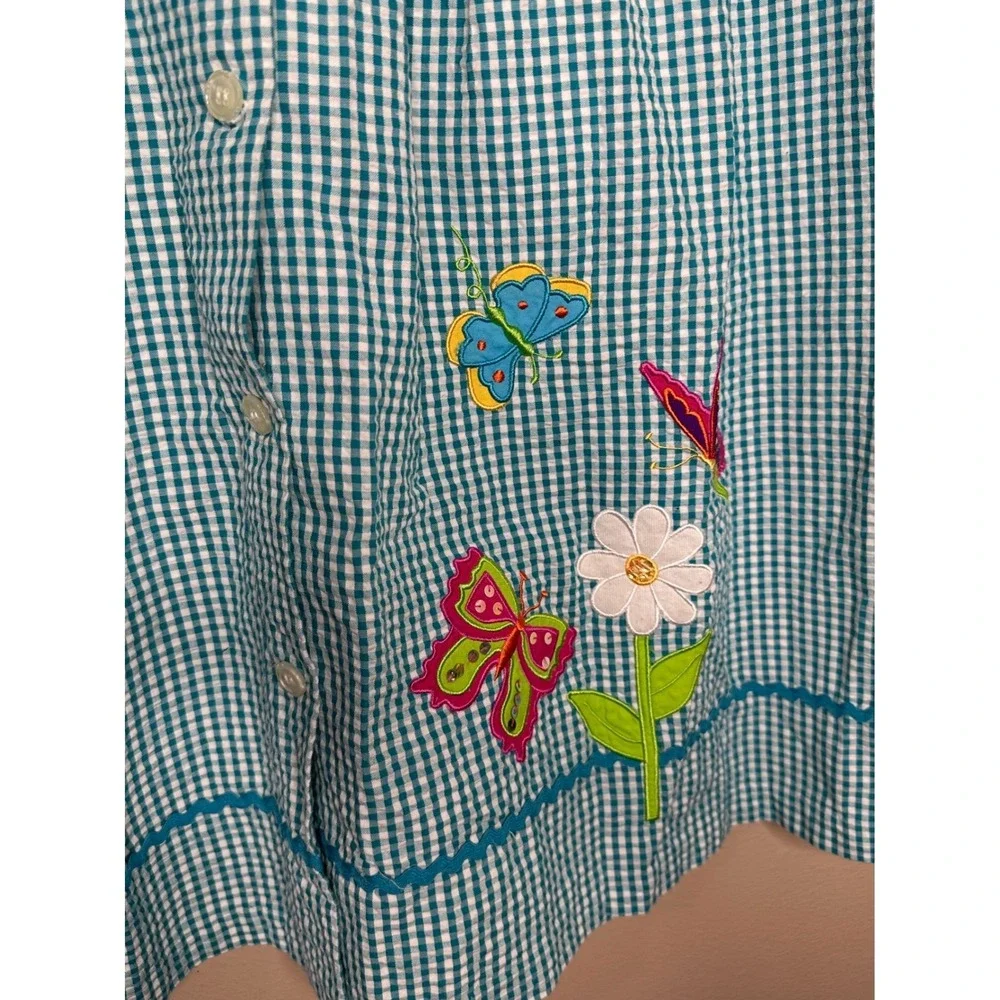Good Lad VTG Linen Girls Blue Gingham Butterfly Flower Embroidered Dress 12 boho